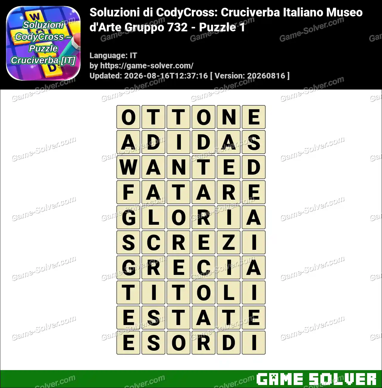 Soluzioni di CodyCross: Cruciverba Italiano Museo d’Arte Gruppo 732 – Puzzle 1